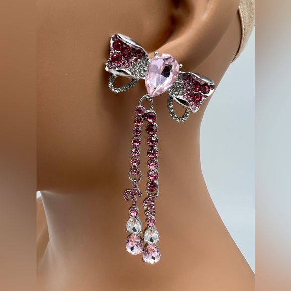 Jewelry - Silver and Pink Bow Dangle Earrings